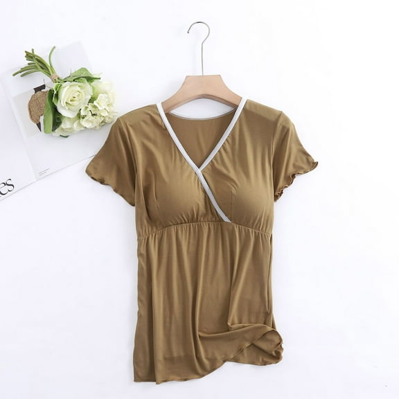 Eltusu Women Maternity Shirts, Pullover Comfy V-Neck Short Sleeve Pregnancy Tops Yellow Size XL