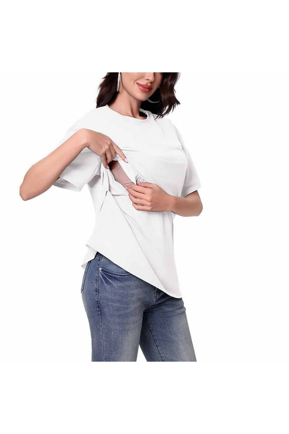 Women Maternity Shirts, Pullover Crewneck Casual Short Sleeve Breastfeeding Tee Tops White Size L