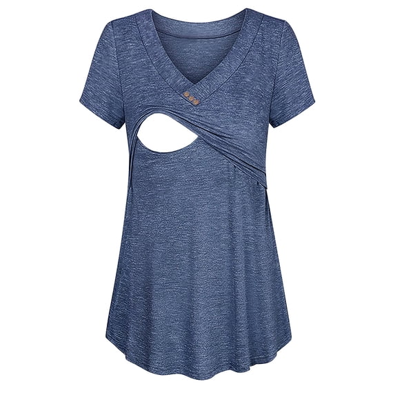 Eltusu Women Maternity Shirts, Pullover Short Sleeve Comfy V-Neck Breastfeeding Tee Tops Blue Size L