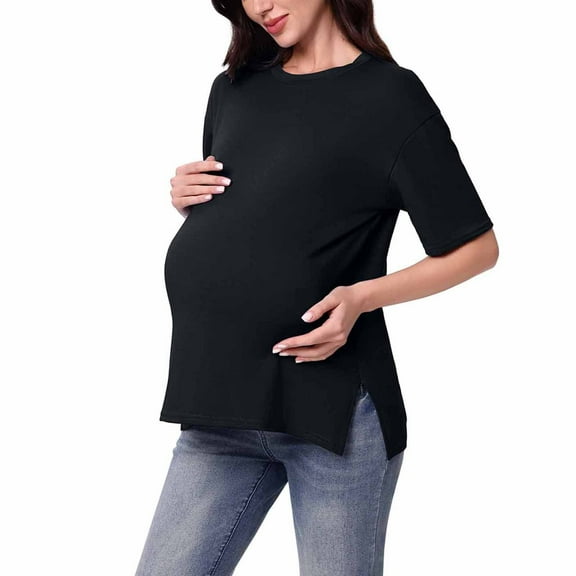 Eltusu Women Maternity Shirts, Pullover Solid Color Crew Neck Short Sleeve Pregnancy Tops Black Size 2XL