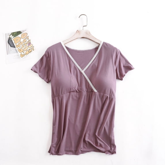 Eltusu Women Maternity Shirts, Short Sleeve Pullover Comfy V-Neck Pregnancy Tops Purple Size M