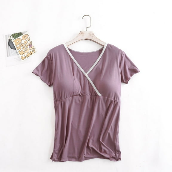 Eltusu Women Maternity Shirts, V-Neck Comfy Pullover Short Sleeve Pregnancy Tops Purple Size L