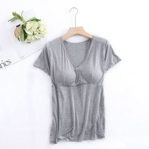 Eltusu Women Maternity Shirts, V-Neck Pullover Comfy Short Sleeve Pregnancy Tops Gray Size XL