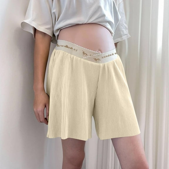 Eltusu Women Maternity Shorts, Cotton Elastic Waist Soft Stretchy Shorts Over Belly Beige Size M