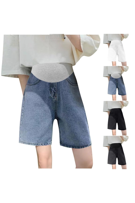 Women Maternity Shorts Jeans, Comfy Stretch Elastic Waist Loose Fit Maternity Denim Shorts Blue Size M-3XL