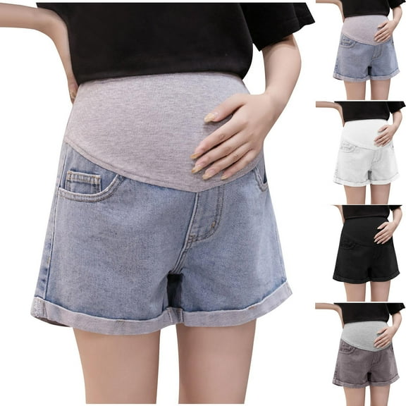 Eltusu Women Maternity Shorts Jeans, Solid Color Stretch Elastic Waist Comfy Maternity Denim Shorts Blue Size M-3XL