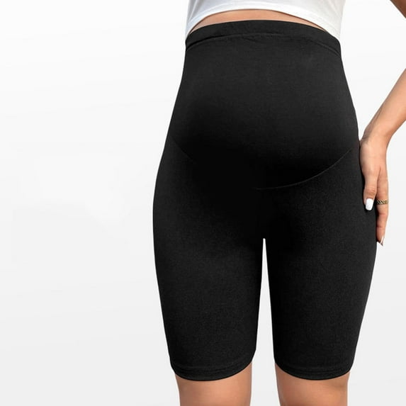 Eltusu Women Maternity Shorts Over Belly, Stretch Cotton Solid Color Elastic Waist Pregnacy Short Pants Black Size L
