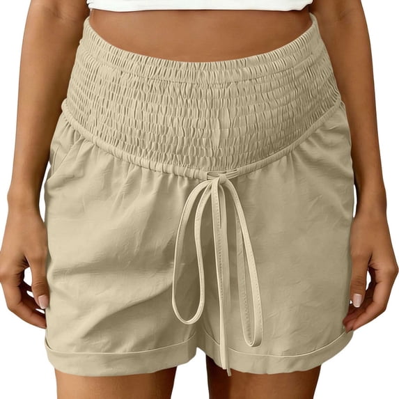 Eltusu Women Maternity Shorts over belly, Casual Drawstring Comfort Cotton Pregnacy Shorts Khaki Size XL