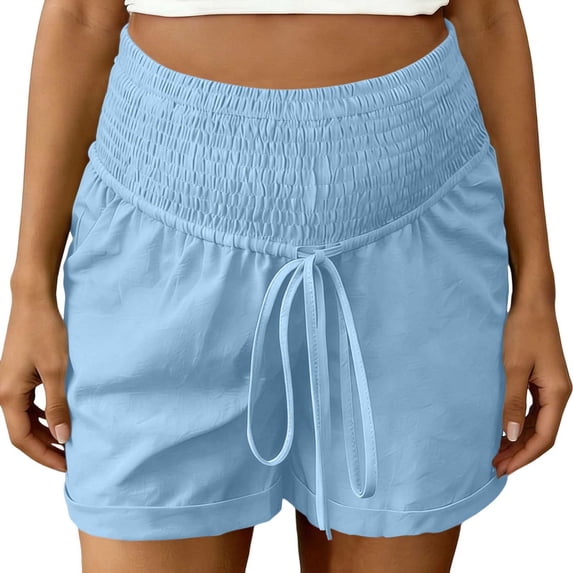 Eltusu Women Maternity Shorts over belly, Cotton Comfort Drawstring Casual Pregnacy Shorts Blue Size L