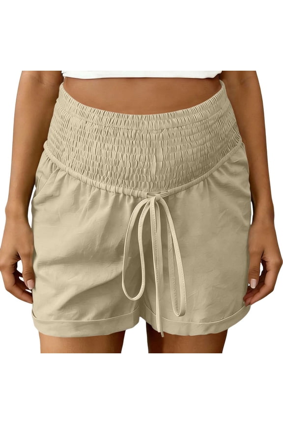 Women Maternity Shorts over belly, Drawstring Casual Cotton Comfort Pregnacy Shorts Khaki Size M