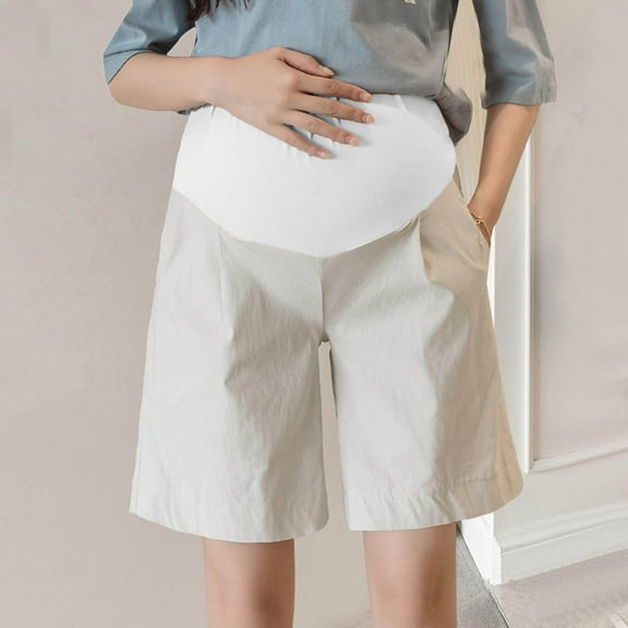 Eltusu Women Maternity Shorts with Pockets, Comfy Cotton Stretchy High Waist Shorts Over Belly Beige Size M