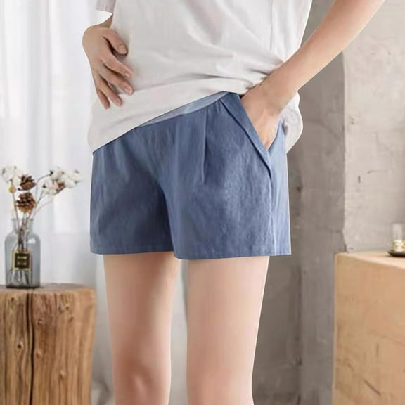 Eltusu Women Maternity Shorts with Pockets, Soft Elastic Waist Comfort Stretchy Shorts Over Belly Blue Size L