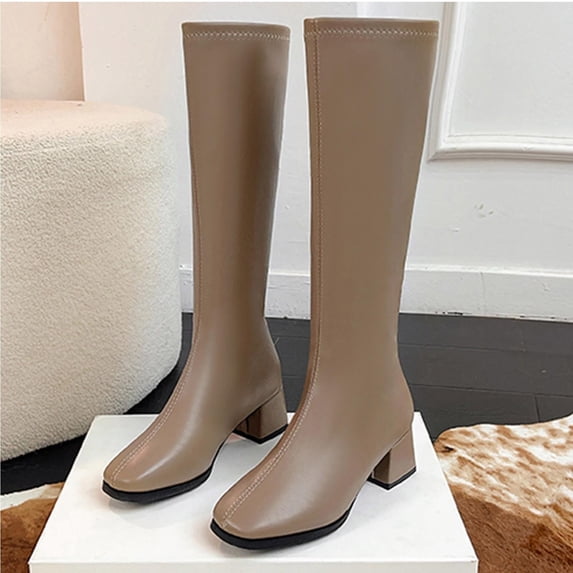 Eltusu Women Mid Calf Boots, Casual Low Heel Waterproof Non-Slip Riding Boots Khaki Size 5.5