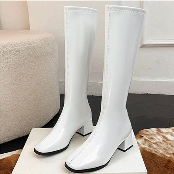 Eltusu Women Mid Calf Boots, Casual Non-Slip Low Heel Waterproof Riding Boots White Size 5.5