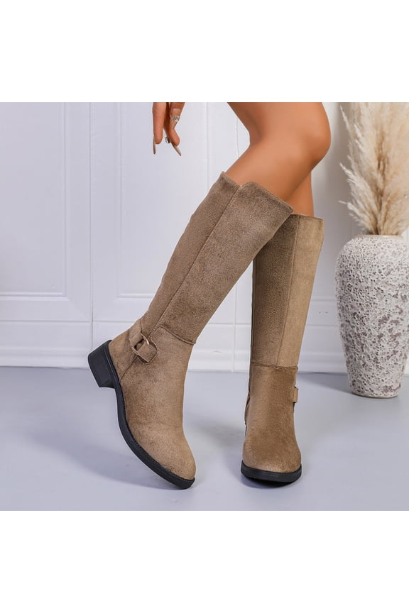 Women Mid Calf Boots, Low Heel Windproof Thermal No Slip Riding Boots Beige Size 6