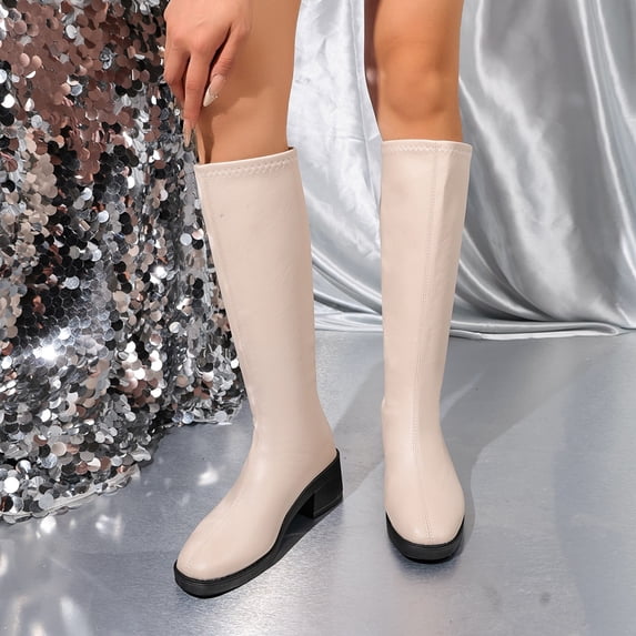 Eltusu Women Mid Calf Boots, Thermal No Slip Waterproof Low Heel Riding Boots White Size 7