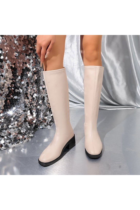Women Mid Calf Boots, Thermal Waterproof No Slip Low Heel Riding Boots White Size 5.5