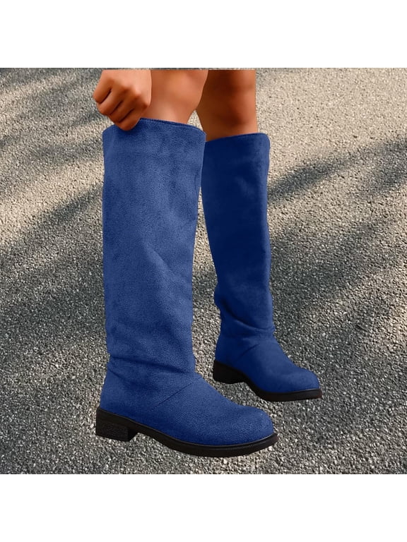 Women Mid Calf Boots, Windproof Casual Non-Slip Low Heel Riding Boots Blue Size 5.5