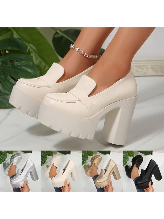 Women Platform Chunky Heels, Round Toe Fashion Mid High Heels No Slip Block Heel Shoes Beige Size 5.5-9.5