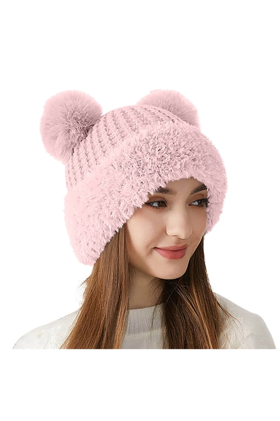 Women Pompom Beanie Hat, Soft Ears Flaps Warm Windproof Winter Hat Pink Size M