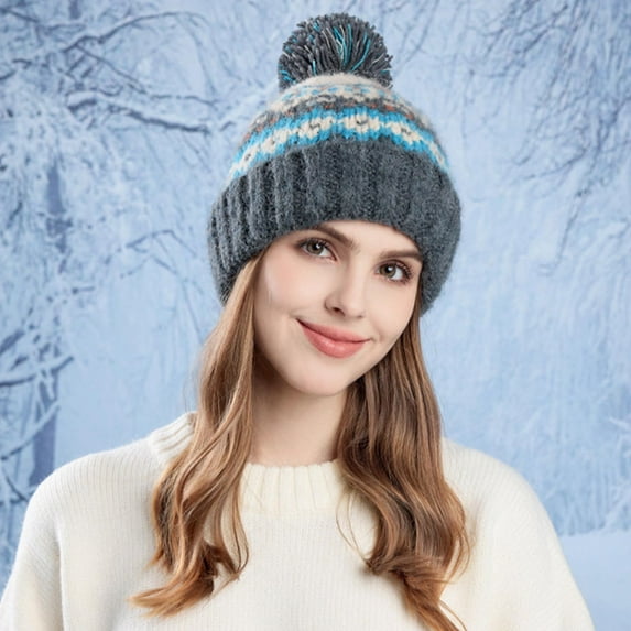 Eltusu Women Pompom Beanie Hat, Soft Windproof Comfort Thermal Winter Hat Gray Size Free Size