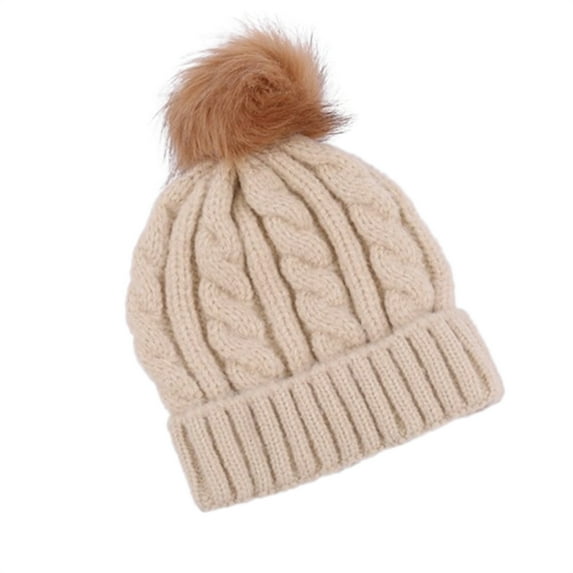 Eltusu Women Pompom Beanie Hat, Solid Color Soft Windproof Warm Winter Hat Beige Size Free Size