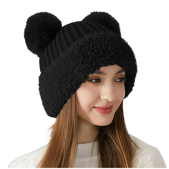 Eltusu Women Pompom Beanie Hat, Windproof Warm Soft Ears Flaps Winter Hat Black Size M