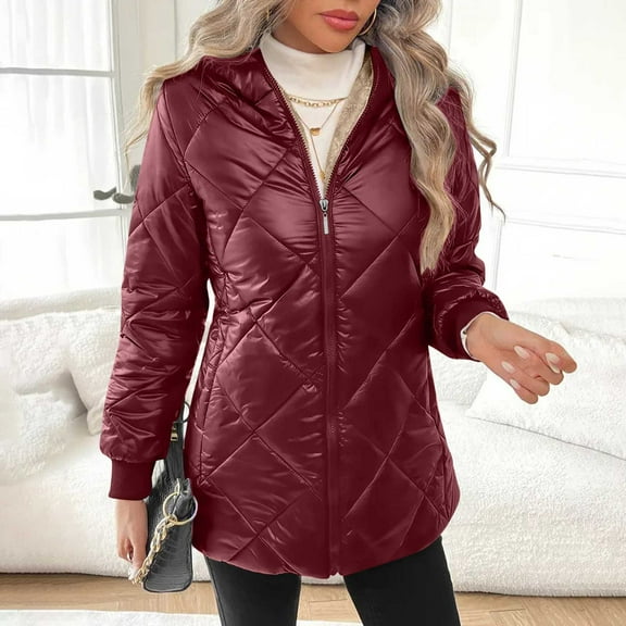 Eltusu Women Puffer Jackets, Cotton Hooded Windproof Warm Winter Coats Red Size XL