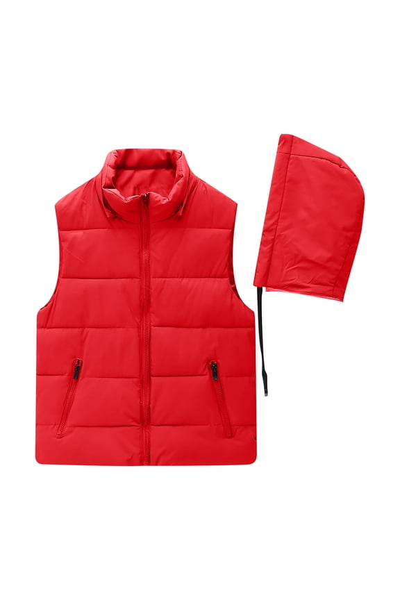 Women Puffer Vests, Hooded Windproof Thermal Zipper Winter Jackets Red Size 2XL