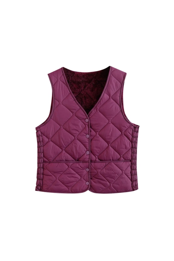 Women Puffer Vests, V-Neck Waterproof Thermal Windproof Winter Jackets Hot Pink Size S