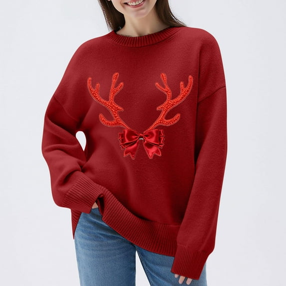 Eltusu Women Pullover Sweaters, Graphic Thermal Long Sleeve Crewneck Winter Tops Red Size 2XL