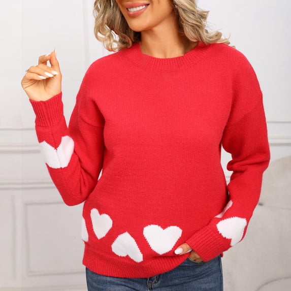 Eltusu Women Pullover Sweaters, Long Sleeve Heart Crew Neck Thermal Winter Tops Red Size L
