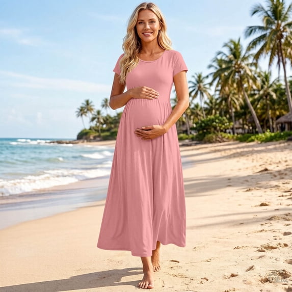 Eltusu Women Short Sleeve Maternity Dresses, Crew Neck Casual Summer Long Length Pregnancy Clothes Pink Size M