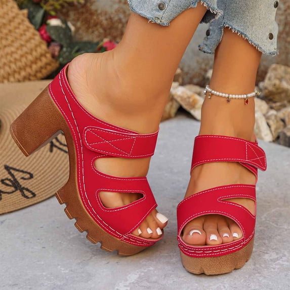 Eltusu Women Slide Sandals, Non Slip Open Toe PU High Heel Ladies Shoes Red Size 9