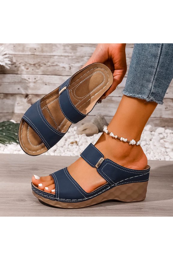 Women Slide Sandals, Non-Slip Open Toe Soft Bottom PU Summer Wedge Shoes Navy Size 5.5
