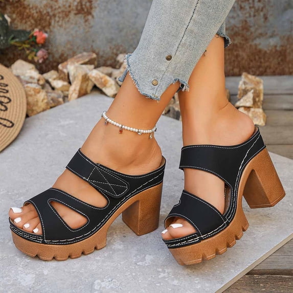 Eltusu Women Slide Sandals, Non Slip PU Open Toe High Heel Ladies Shoes Black Size 9.5