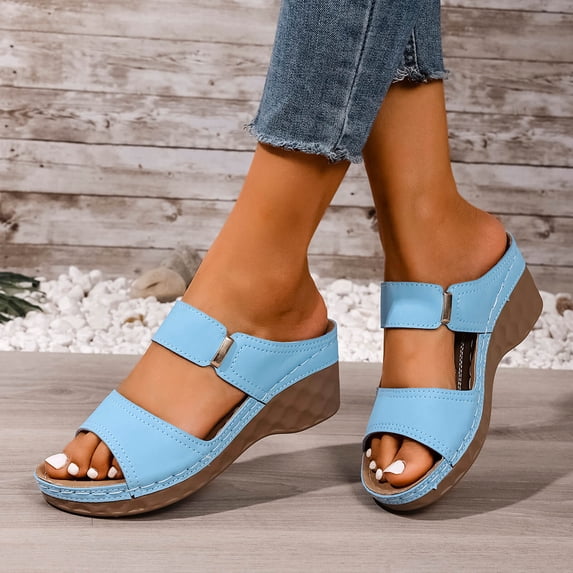 Eltusu Women Slide Sandals, PU Non-Slip Soft Bottom Open Toe Summer Wedge Shoes Sky Blue Size 9.5