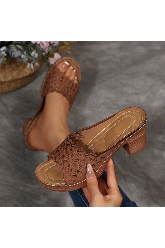 Women Slide Sandals, Slip On Block Heel Breathable Open Toe Ladies Shoes Brown Size 8.5