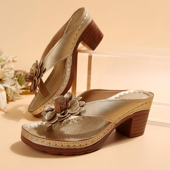 Eltusu Women Slide Sandals, Slip On Fashion Block Heel Open Toe Ladies Shoes Gold Size 9