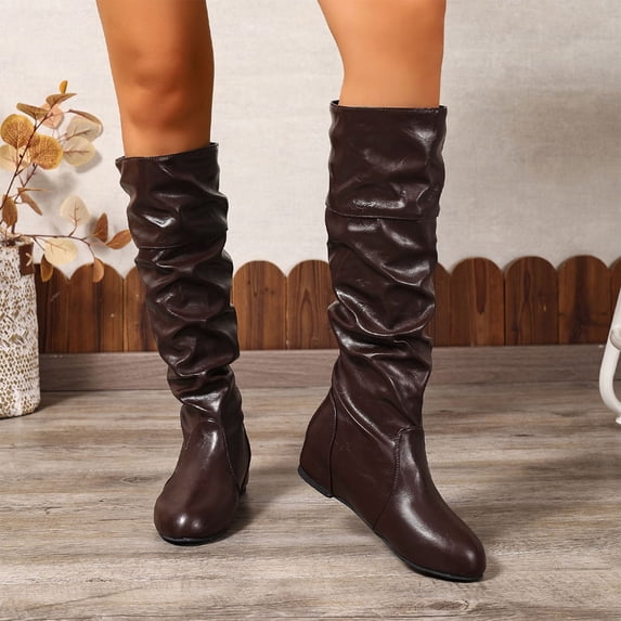 Eltusu Women Slouch Boots, Casual Mid Calf Non-Slip PU Winter Boots Brown Size 6.5
