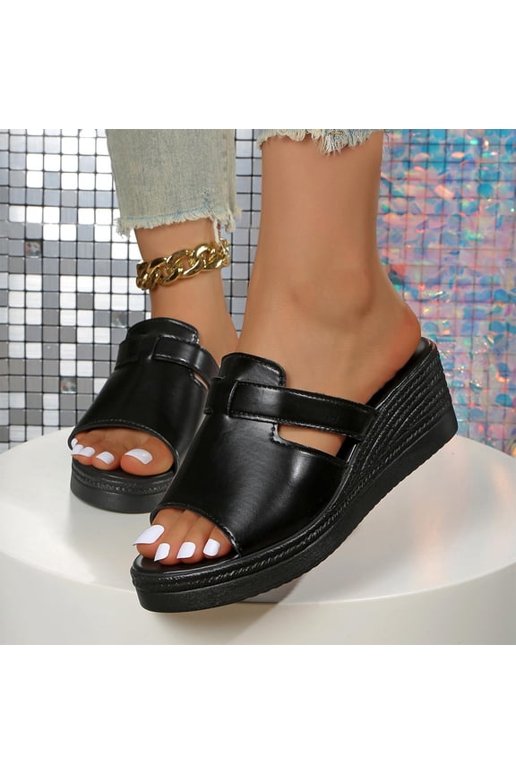 Women Wedge Slide Sandals, Slip On Soft Bottom Fashion Open Toe Ladies Shoes Black Size 5.5