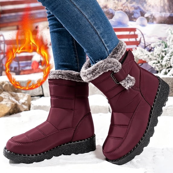 Eltusu Women Winter Snow Boots, Thermal No Slip Outdoor Windproof Mid-Calf Boots Wine Size 6