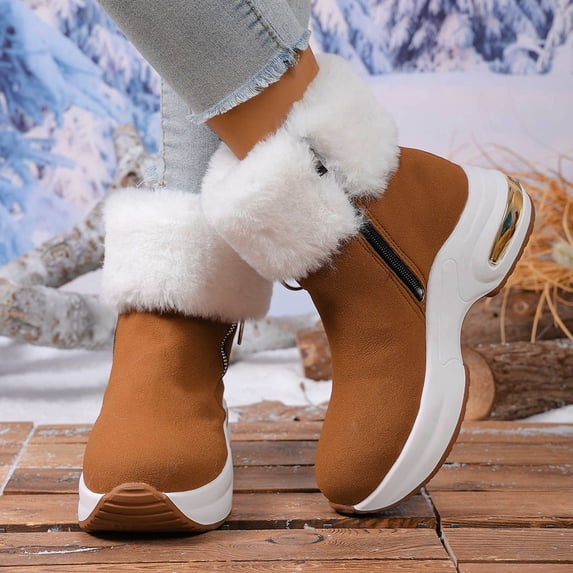 Eltusu Women Winter Snow Boots, Windproof Chunky Warm Non-Slip Mid-Calf Boots Brown Size 7.5