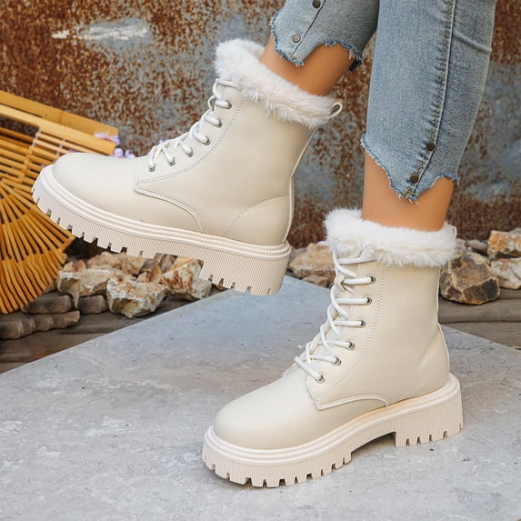 Eltusu Women Winter Snow Boots, Windproof Non-Slip PU Thermal Mid-Calf Boots White Size 6