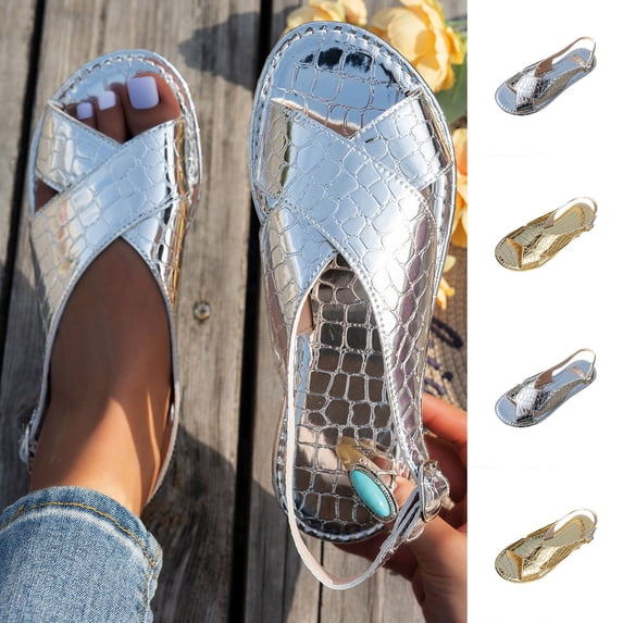 Eltusu Women's Flat Sandals, Non-Slip Ankle Strap Fashion Open Toe Summer Shoes Silver Size 7.5