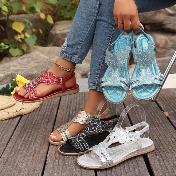 Eltusu Women's Flat Sandals, Open Toe Soft Bottom Ankle Strap Beach Summer Shoes Blue Size 5.5