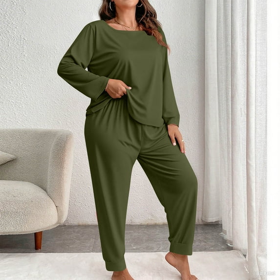 Eltusu Women's Plus Pajama Sets, Pullover Loose Fit Two Pieces Long Sleeve Sleepwear Sets Army Green Size 4XL