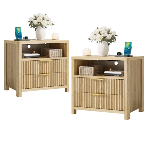 Eluknt 23" Modern Fluted Nightstand Set of 2 with Charging Station, 2 Drawer Bedside Table with Open Shelf, Curved Corner Storage End Table for Bedroom, Natural Oak