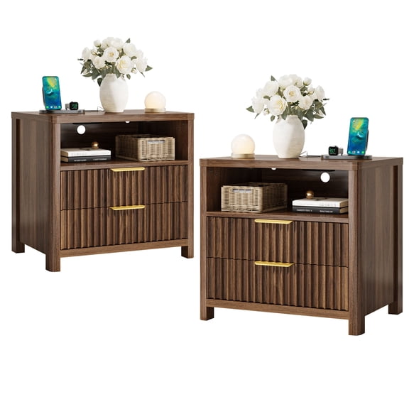 Eluknt 23" Modern Fluted Nightstand Set of 2 with Charging Station, 2 Drawer Bedside Table with Open Shelf, Curved Corner Storage End Table for Bedroom, Walnut