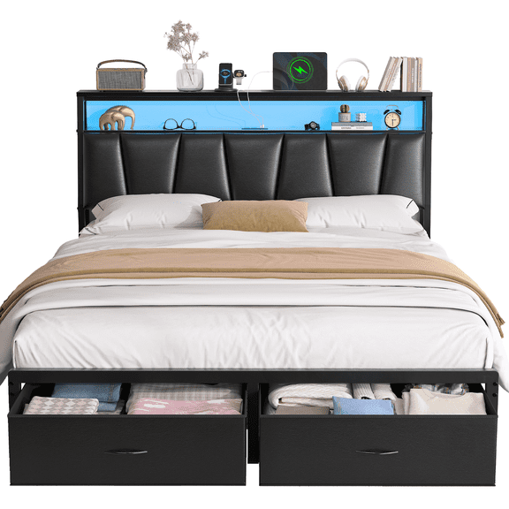 Eluknt Queen Platform Bed Frame with 2 Storage Drawers & Upholstered Headboard, LED Light and Charging Ports, Black